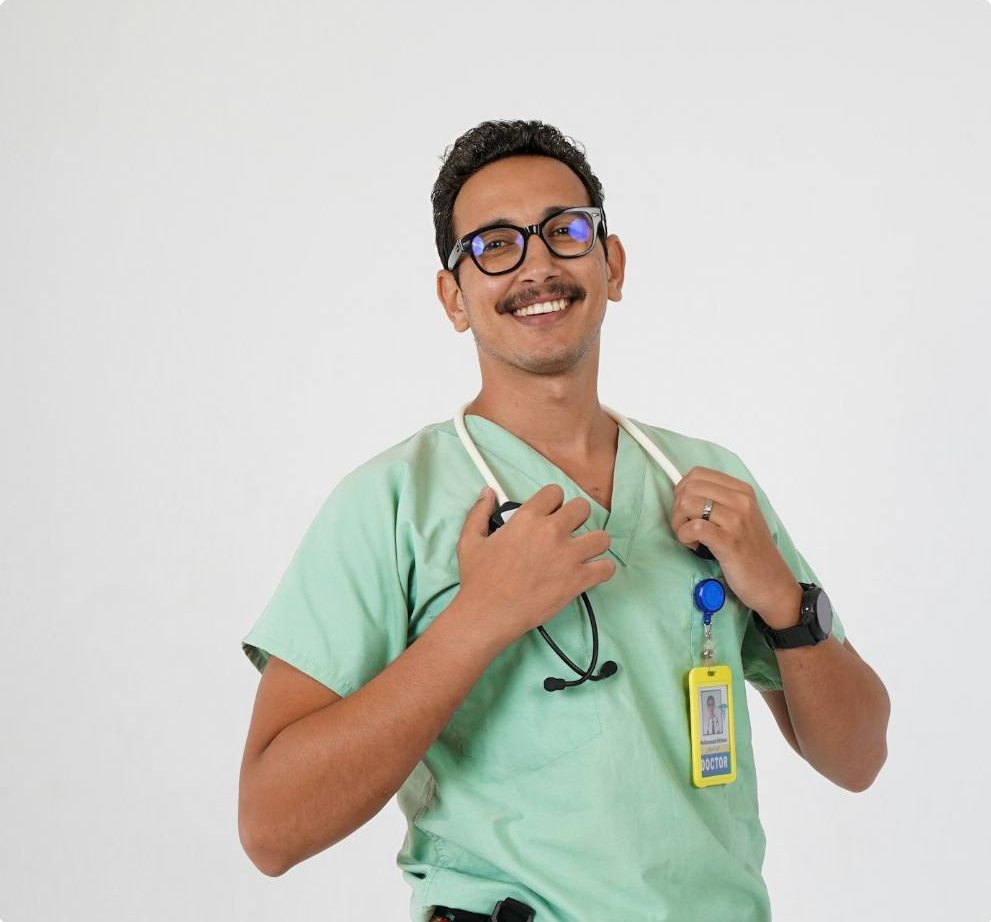 A smiling clinician in scrubs with a stethoscope and ID badge